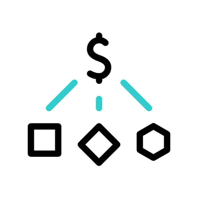Ícono de retorno: símbolo de dólar distribuyéndose en tres figuras geométricas